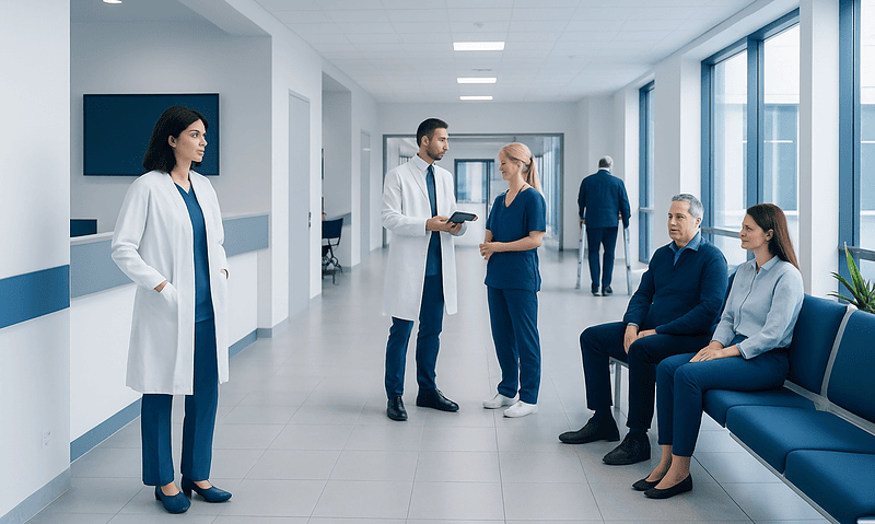 Medical team consulting patients in a modern hospital corridor.