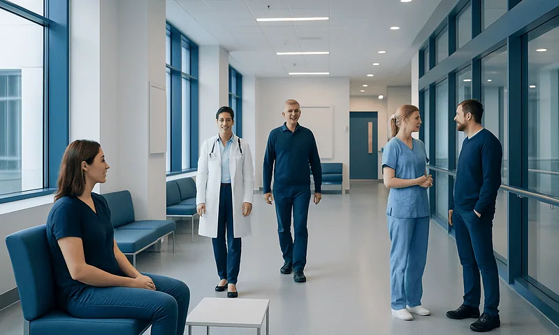 Healthcare professionals and patient in a modern hospital corridor.