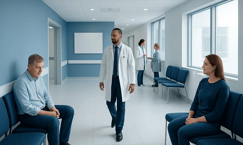 Doctor consulting male and female patients in a modern hospital corridor.