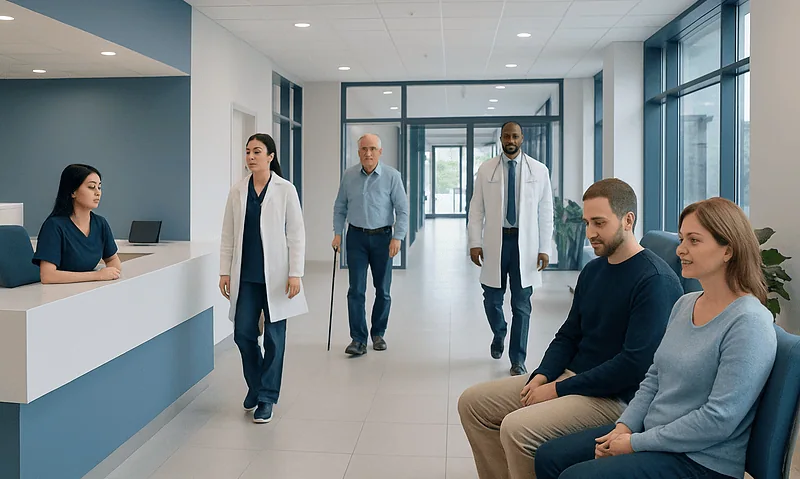 Medical staff and patients in a modern hospital lobby.