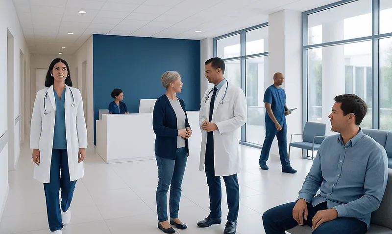 Medical professionals and patients in a modern hospital lobby.
