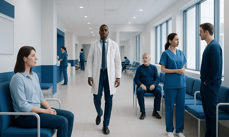 Medical professionals and patients in a hospital corridor.