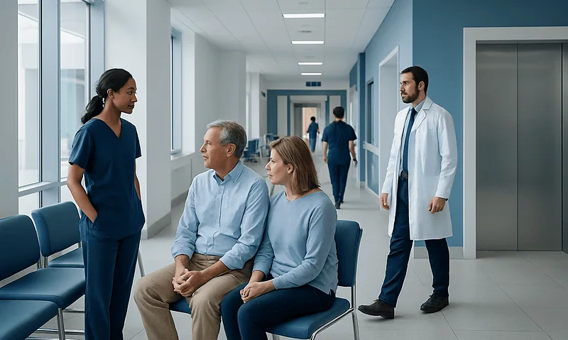 Hospital waiting area with patients and medical staff at Acibadem Hospitals Group.