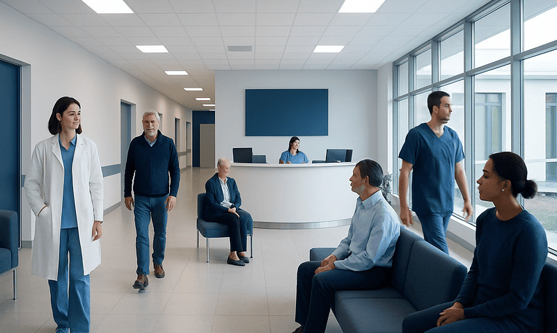 Hospital waiting area with medical staff and patients at Acibadem Hospitals Group.