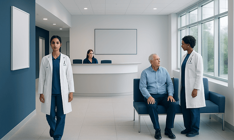 Medical professionals consulting with a patient in a hospital waiting area.