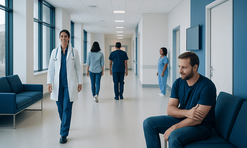 Medical professionals and patients in a modern hospital corridor.