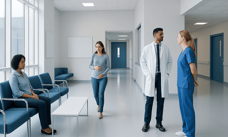 Hospital waiting area with medical staff and patient.