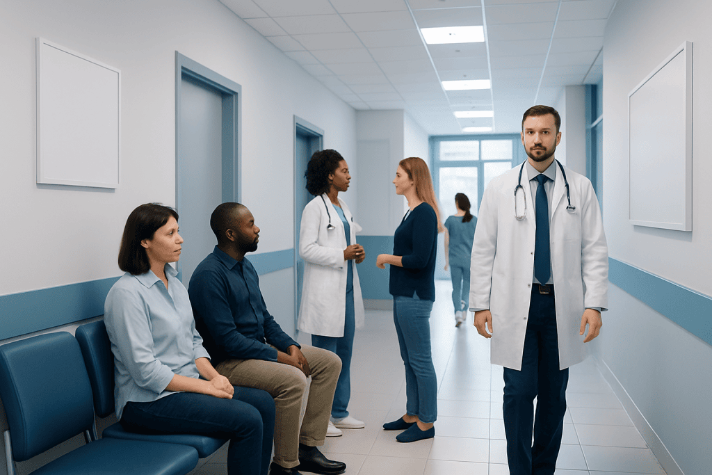 Laryngitis: Symptoms, Causes, and Treatment Options 1 Medical consultation in hospital corridor with doctor and patients.