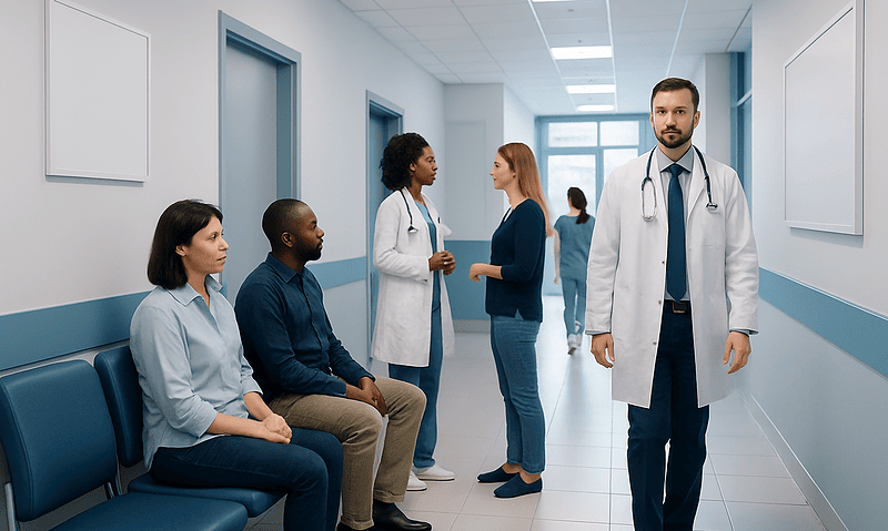 Medical consultation in hospital corridor with doctor and patients.