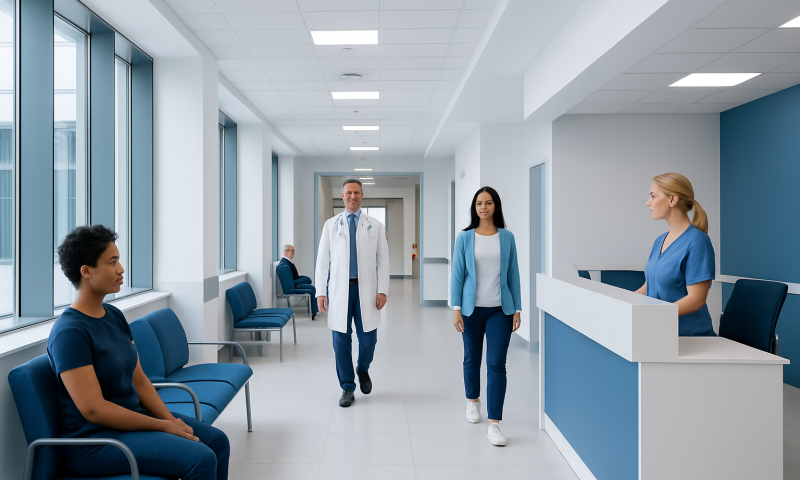 Hospital corridor with medical staff and patient in waiting area.