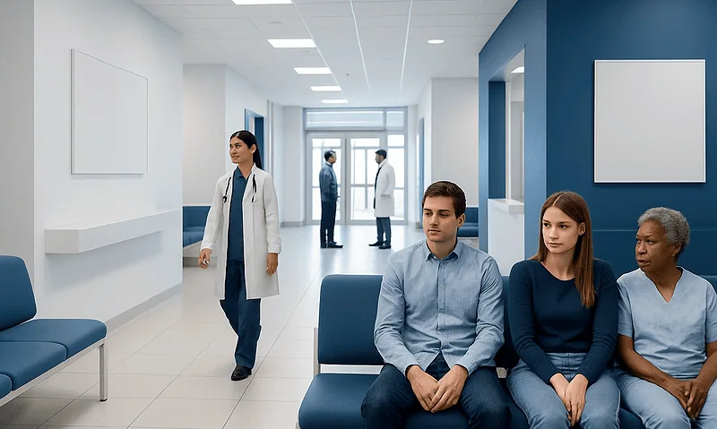 Patients waiting in a modern hospital corridor with medical staff nearby.