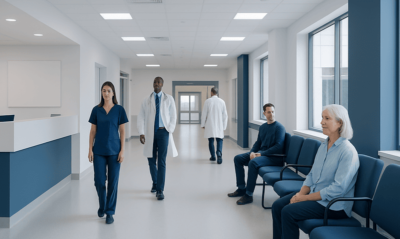 Hospital corridor with medical staff and patients waiting and walking.