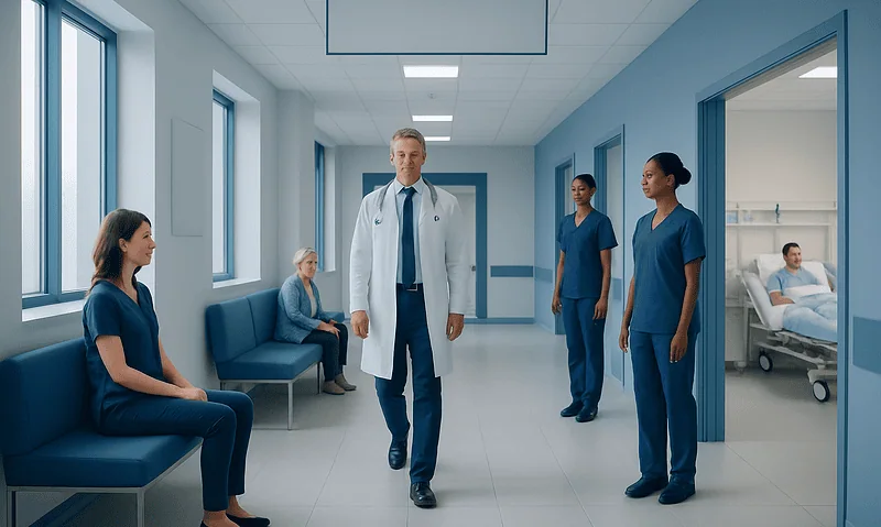 Hospital corridor with medical staff and patients in a modern healthcare facility.