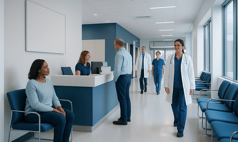 Medical staff and patient in a modern hospital corridor.