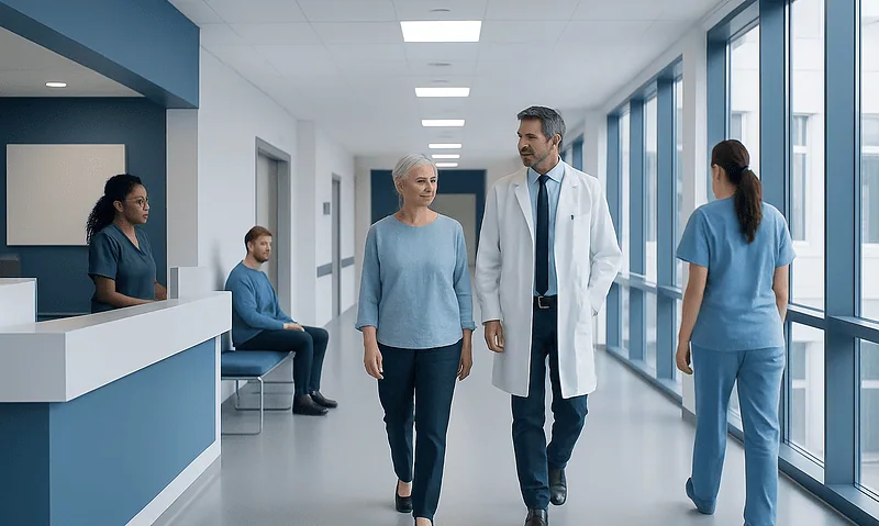Medical professionals and patient walking in hospital corridor at Acibadem Hospitals Group.