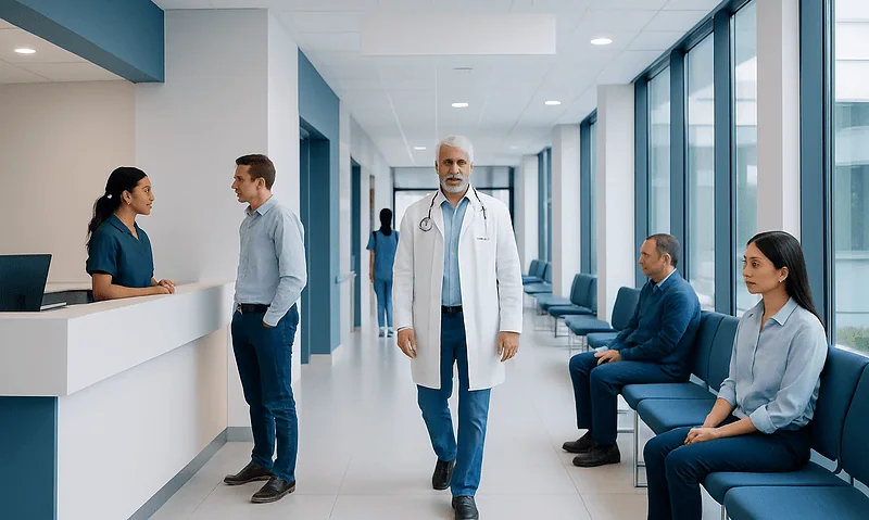 Medical professionals and patients in a modern hospital corridor.