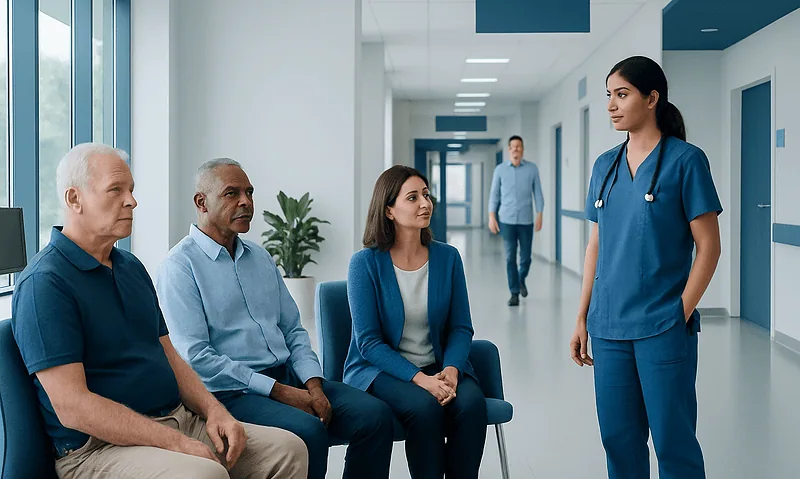 Doctor consulting with diverse patients in hospital corridor.