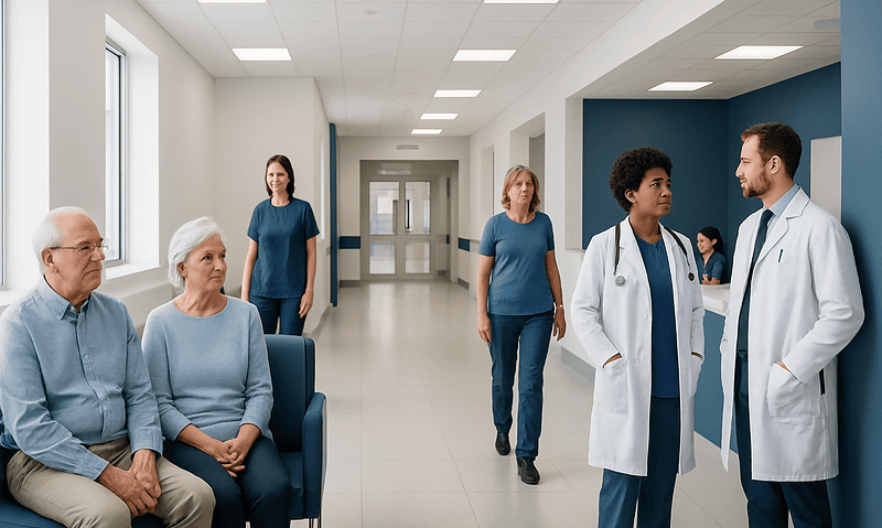 Medical team consulting elderly patients in hospital corridor.