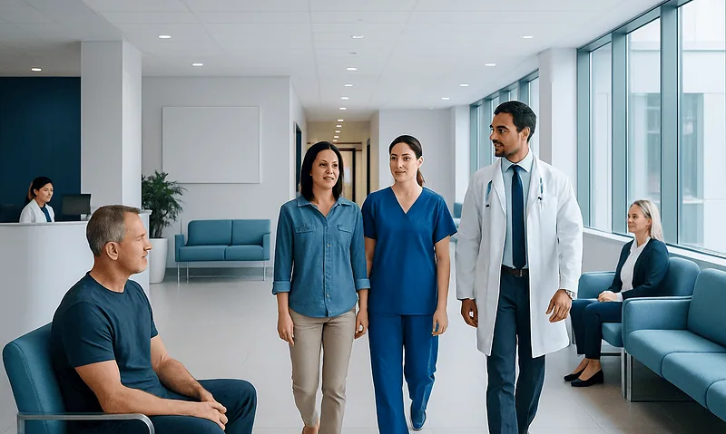 Medical consultation in a modern hospital waiting area with healthcare professionals and patients.