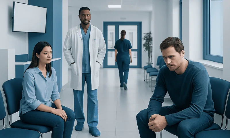 Patients waiting in a hospital corridor with medical staff present.