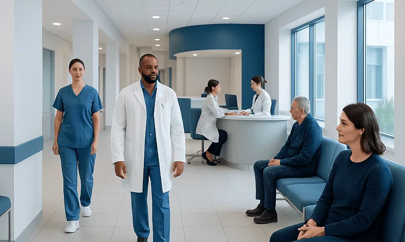 Medical staff and patients in a modern hospital waiting area.