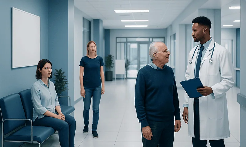 Doctor consulting with elderly patient in hospital corridor.