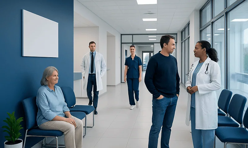 Patients and doctors in a modern hospital corridor at Acibadem Hospitals Group.