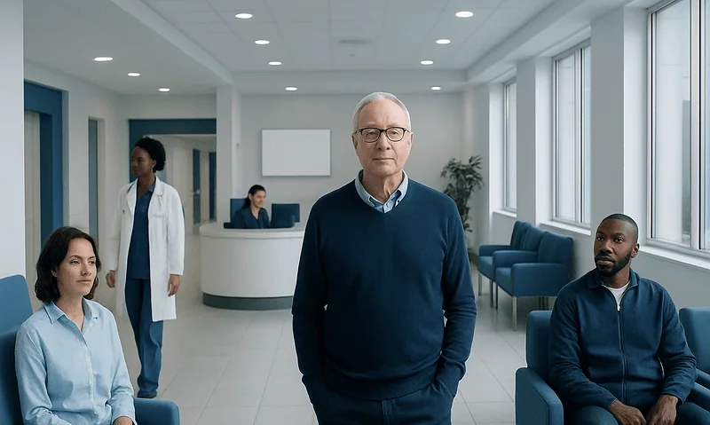 Medical professionals and a senior man in a hospital waiting area.