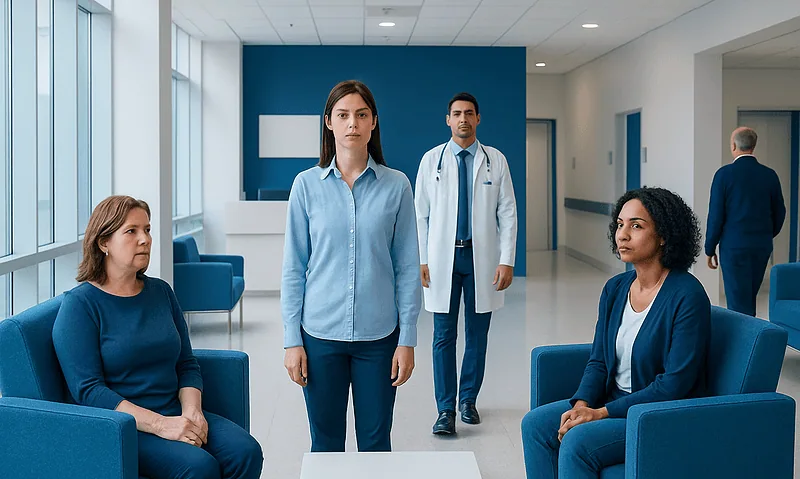 Patients and doctor in a hospital waiting area at Acibadem Hospitals Group.