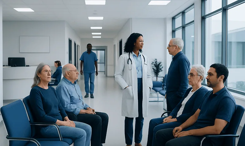 Macular Degeneration: An Evidence-Based Guide for Patients 9 Medical consultation in a modern hospital waiting area with diverse patients.