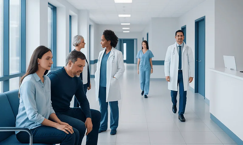 Patients and doctors in a modern hospital corridor.