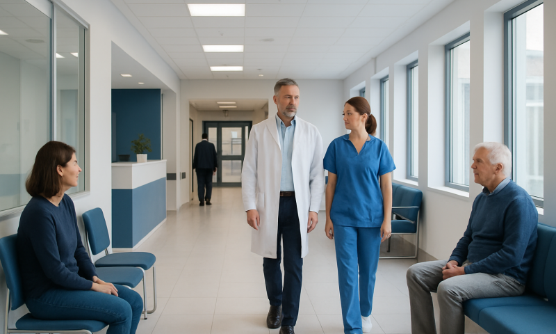 Medical professionals consulting with a patient in a hospital corridor.