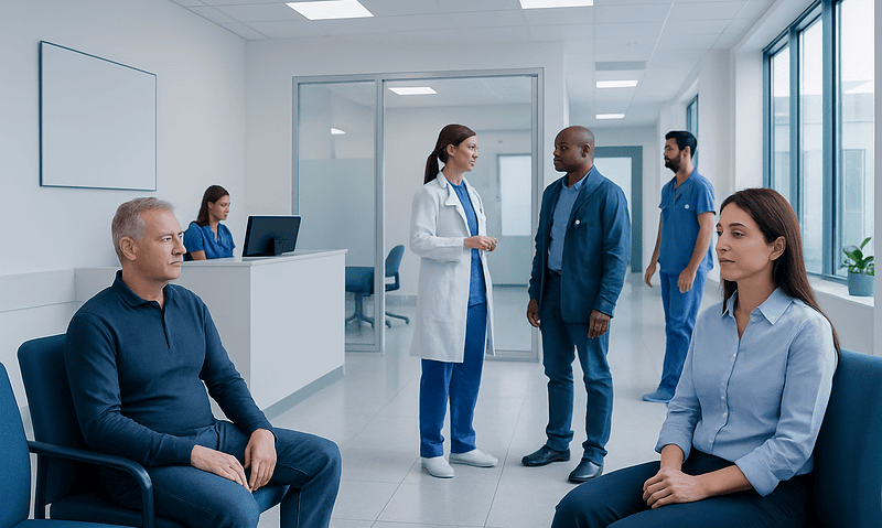 Medical consultation in a modern hospital with doctors and patients.