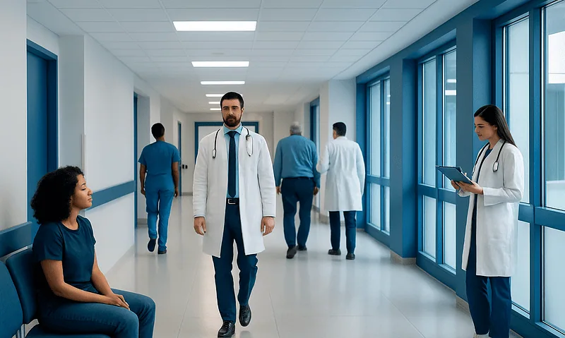 Medical professionals and patient in hospital corridor at Acibadem Hospitals Group.