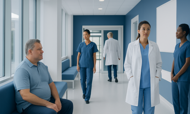 Hospital corridor with medical staff and patient in a clinical setting.