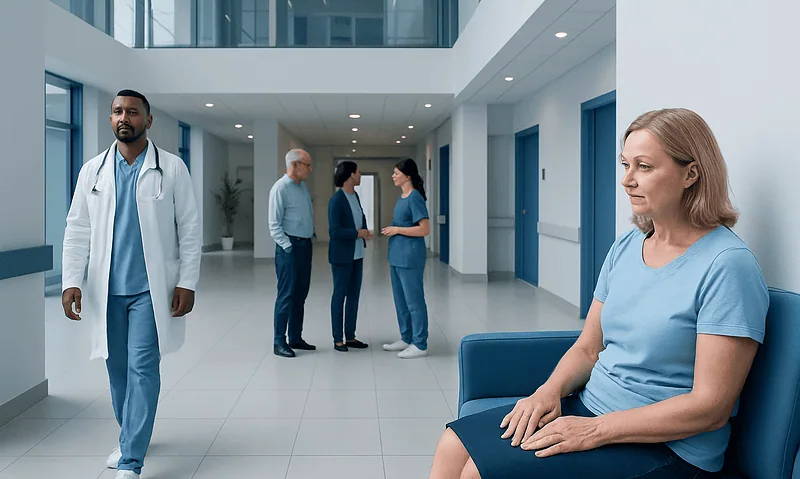 Patient waiting in hospital corridor with medical staff nearby.