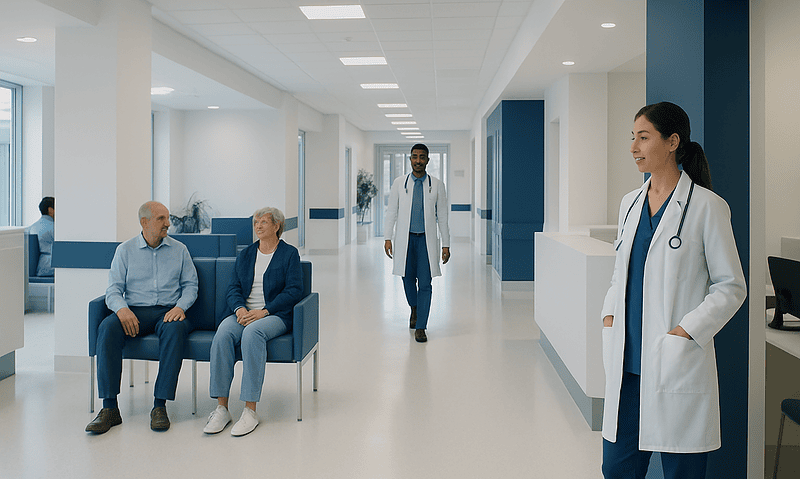 Hospital waiting area with patients and medical staff in a modern healthcare facility.