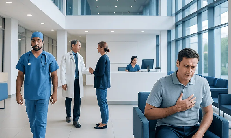 Patient experiencing chest pain in hospital waiting area with medical staff nearby.