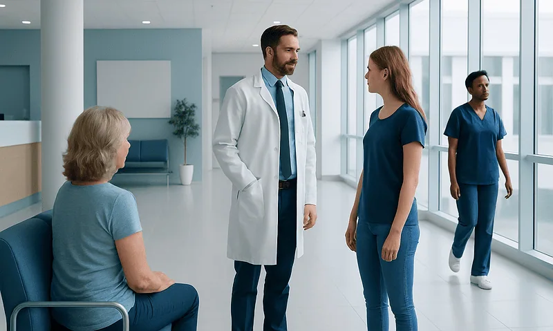 Doctor consulting with a patient in a hospital corridor.