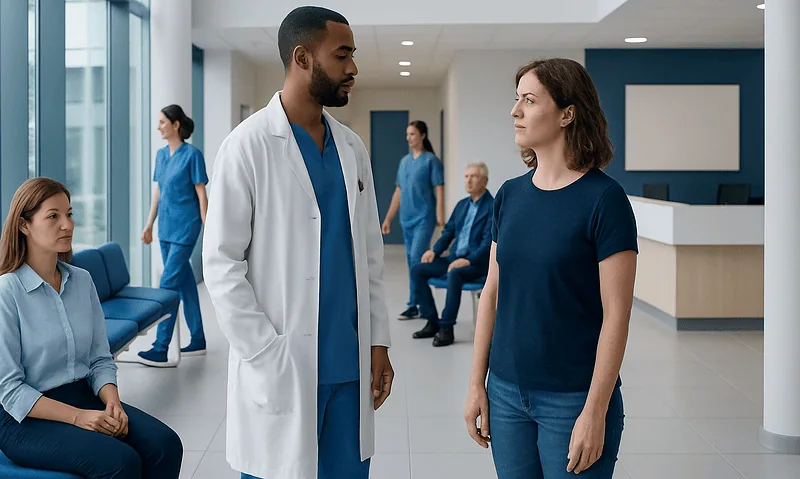 Doctor and patient having a consultation in a hospital lobby.
