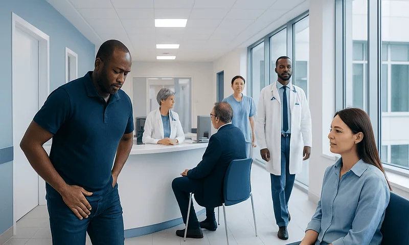 Patient experiencing discomfort in a hospital corridor with medical staff nearby.