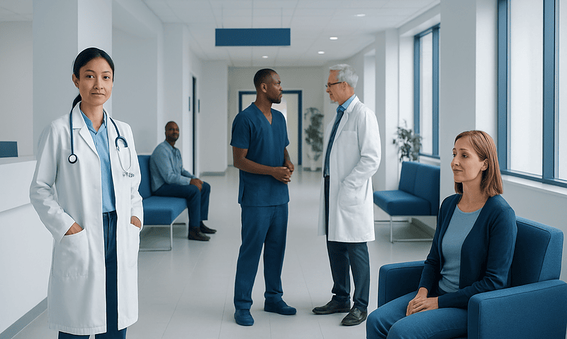 Medical team consulting in a modern hospital corridor at Acibadem Hospitals Group.