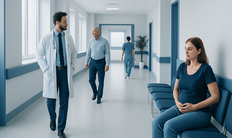 Patient waiting in hospital corridor with medical staff nearby.