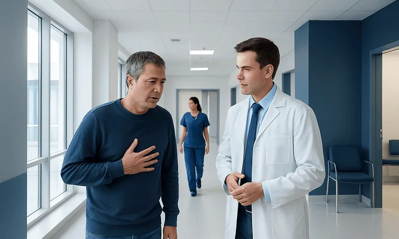 Doctor consulting with patient in hospital corridor.