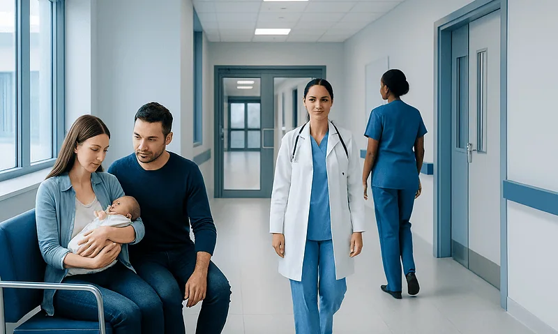 Mother and father with newborn in hospital corridor, healthcare professionals nearby.