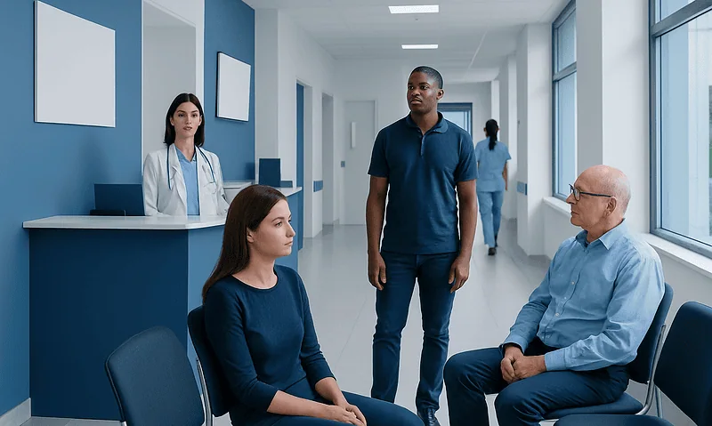 Patients and doctor in hospital corridor at Acibadem Hospitals Group.