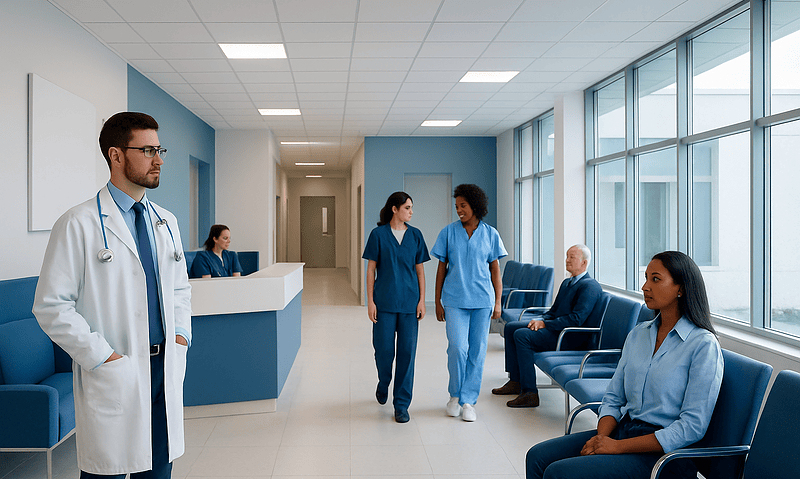 Medical staff and patients in a hospital waiting area.