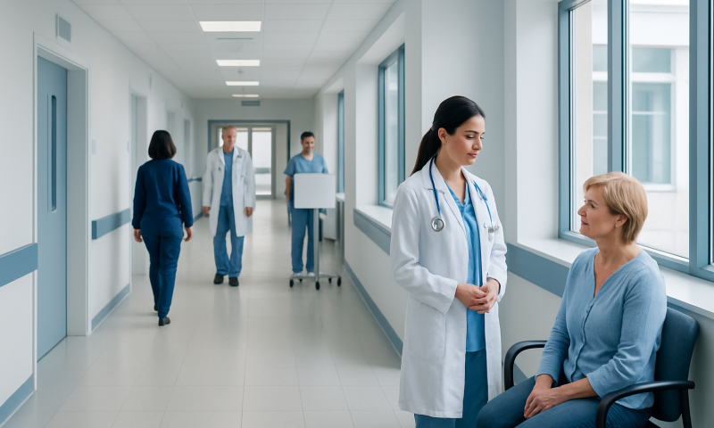 Doctor consulting a patient in a hospital corridor with medical staff in the background.