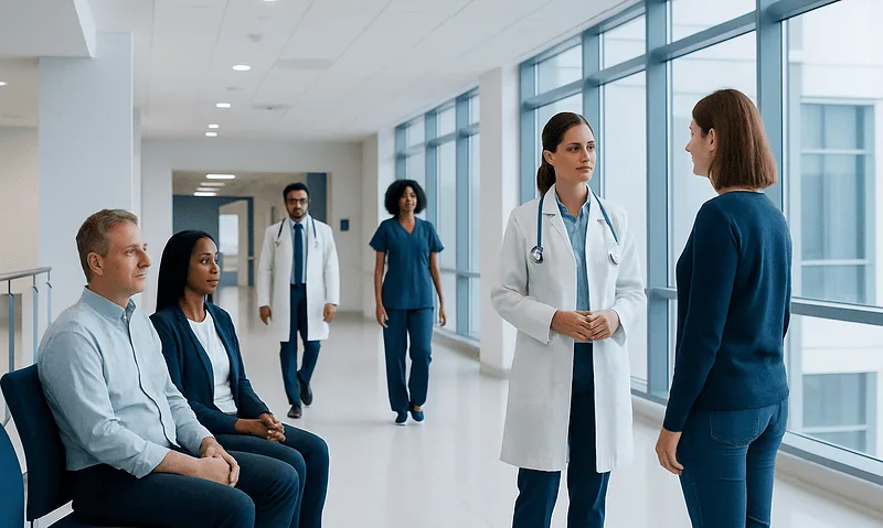 Medical consultation in a hospital corridor with healthcare professionals and patients.