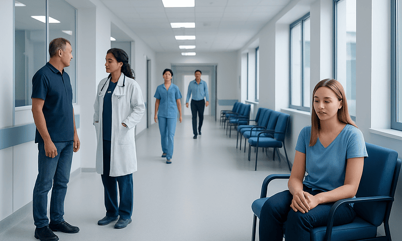 Hospital corridor with medical staff and patient waiting area.
